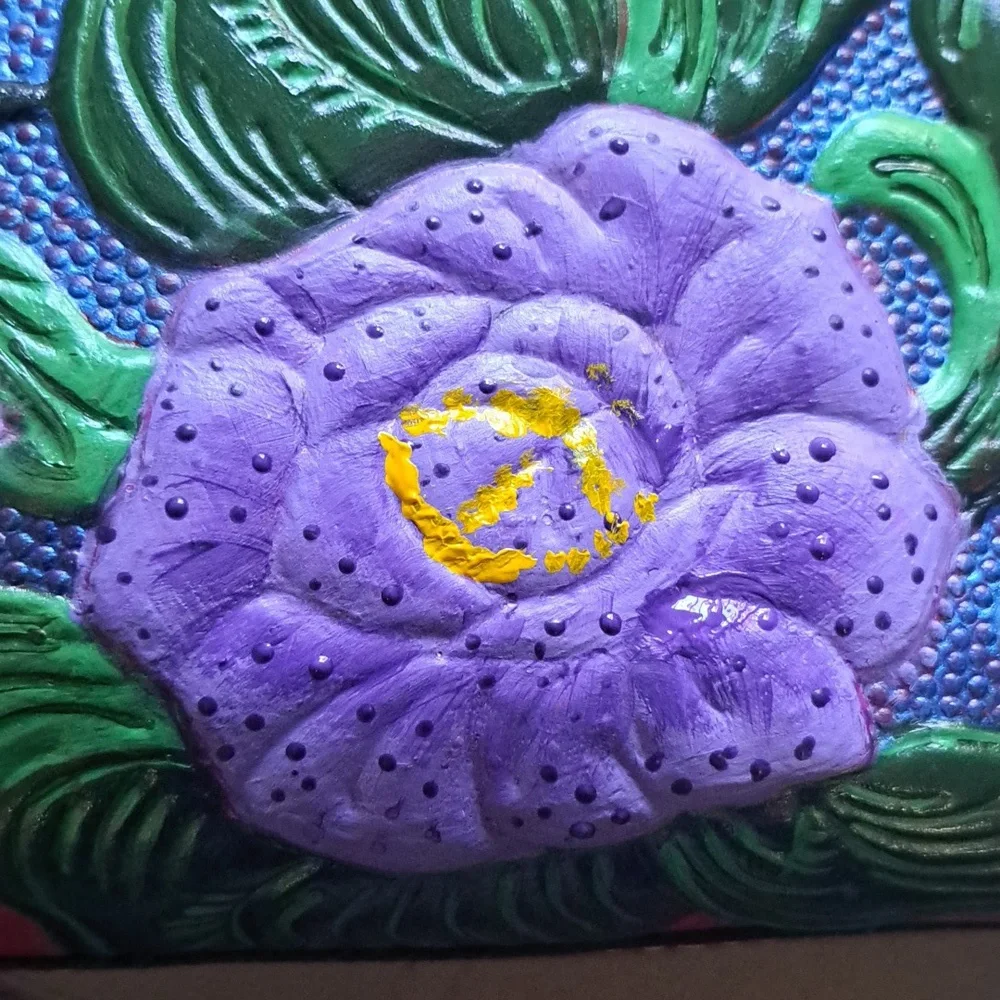 Hand Painted Floral Leather Bag Purse Vintage Zip Top Satchel - Picture 14 of 16